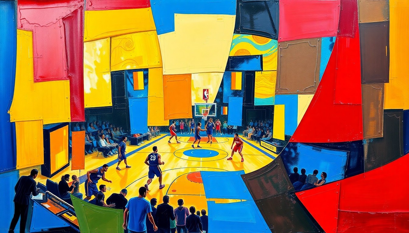A fragmented, geometric painting depicting a basketball game or broadcast scene, with sharp, overlapping shapes and planes in vibrant colors, conveying the excitement and change surrounding a veteran sportscaster