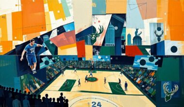 A cubist-style painting featuring overlapping geometric shapes and planes in shades of blue, green, and orange, representing the action and movement of a basketball game between two teams.