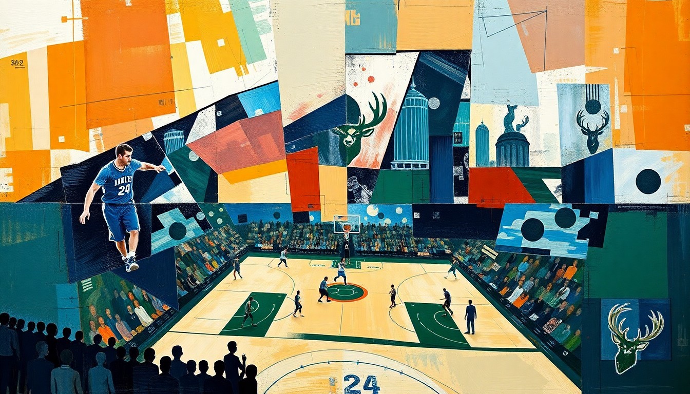 A cubist-style painting featuring overlapping geometric shapes and planes in shades of blue, green, and orange, representing the action and movement of a basketball game between two teams.
