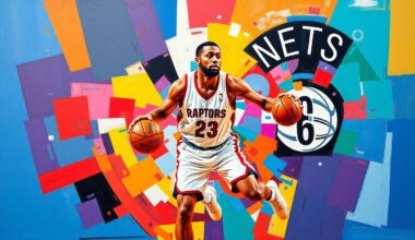 A fragmented, geometric painting depicting a basketball player in motion, with sharp planes of color representing the Raptors and Nets uniforms.