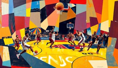 A cubist, geometric painting depicting a basketball game, with sharp, overlapping planes of color representing the players and action on the court.