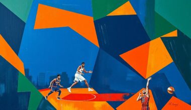A cubist, geometric painting depicting an abstracted basketball game between the New York Knicks and Atlanta Hawks, with the players