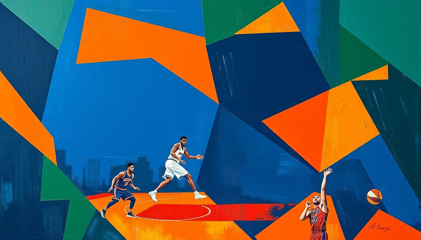 A cubist, geometric painting depicting an abstracted basketball game between the New York Knicks and Atlanta Hawks, with the players