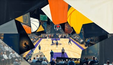 A fragmented, geometric painting depicting the action and energy of a basketball game between the Los Angeles Clippers and Los Angeles Lakers, with sharp, overlapping shapes and planes of color.
