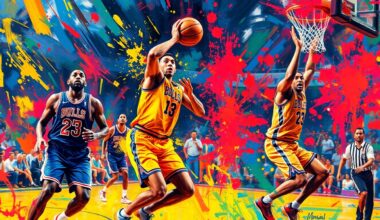 An abstract, expressionist painting in vibrant neon colors, capturing the intense energy and movement of a basketball game, with players