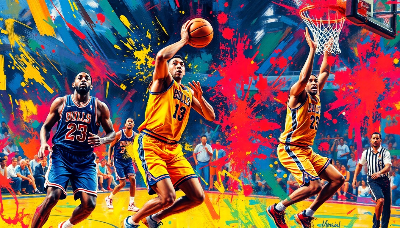 An abstract, expressionist painting in vibrant neon colors, capturing the intense energy and movement of a basketball game, with players