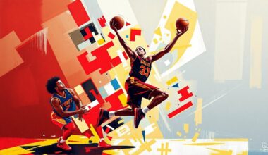 A fractured, cubist-style painting depicting the dynamic motion of a college basketball player, with sharp geometric shapes and planes in the official colors of the Iowa State Cyclones, conceptually representing the transition and evolution of the team
