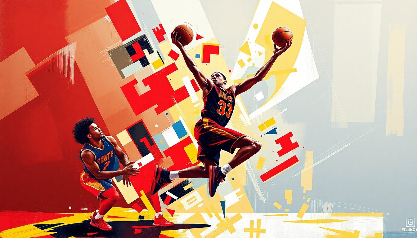 A fractured, cubist-style painting depicting the dynamic motion of a college basketball player, with sharp geometric shapes and planes in the official colors of the Iowa State Cyclones, conceptually representing the transition and evolution of the team