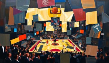 A cubist, geometric painting depicting a basketball game between two teams, with the players and court broken down into sharp, overlapping planes of color and shape.