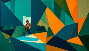 A cubist-style painting featuring overlapping geometric shapes and planes in navy, green, and orange, conceptually representing the fragmented and uncertain future facing the Memphis Grizzlies as they enter the offseason.