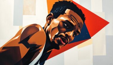 A cubist-style painting depicting a basketball game, with the players and court broken down into sharp, overlapping geometric shapes and planes, capturing the energy and movement of the game in an abstract, deconstructed style.