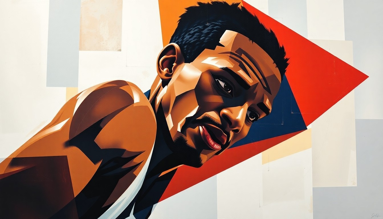 A cubist-style painting depicting a basketball game, with the players and court broken down into sharp, overlapping geometric shapes and planes, capturing the energy and movement of the game in an abstract, deconstructed style.