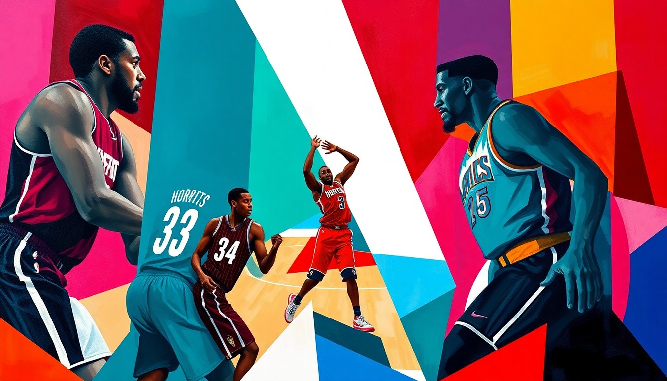 A cubist, geometric painting depicting an abstracted NBA basketball game, with the players