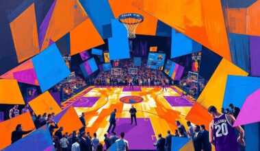 A fragmented, cubist-style painting depicting a basketball game, with the players and court broken down into sharp, overlapping geometric shapes in a vibrant color palette, conveying the dynamic energy of the upcoming playoff series.