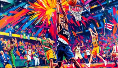 A vibrant, expressionist painting depicting the fast-paced action and energy of a basketball game, with players
