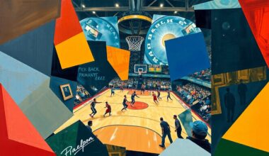 A cubist, geometric painting depicting a basketball game, with sharp, overlapping planes of color and form representing the dynamic action on the court.