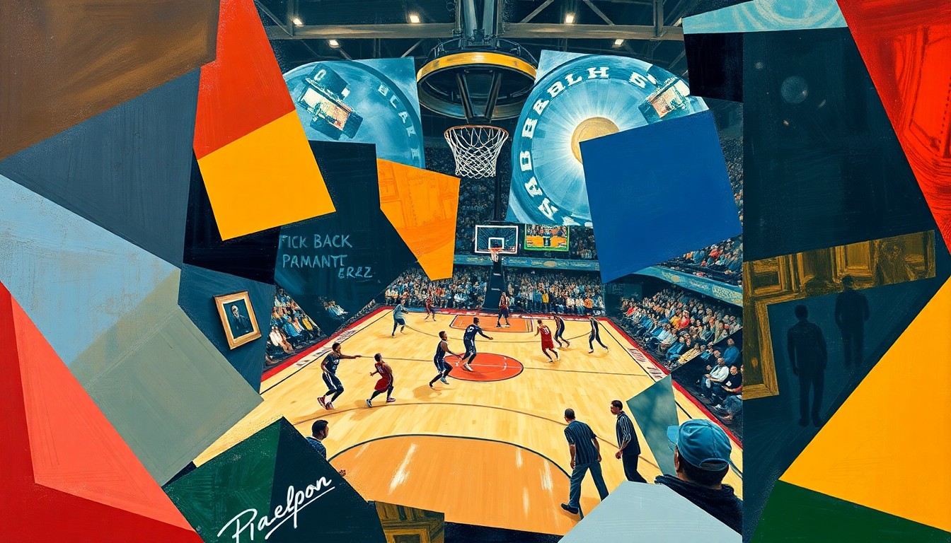 A cubist, geometric painting depicting a basketball game, with sharp, overlapping planes of color and form representing the dynamic action on the court.