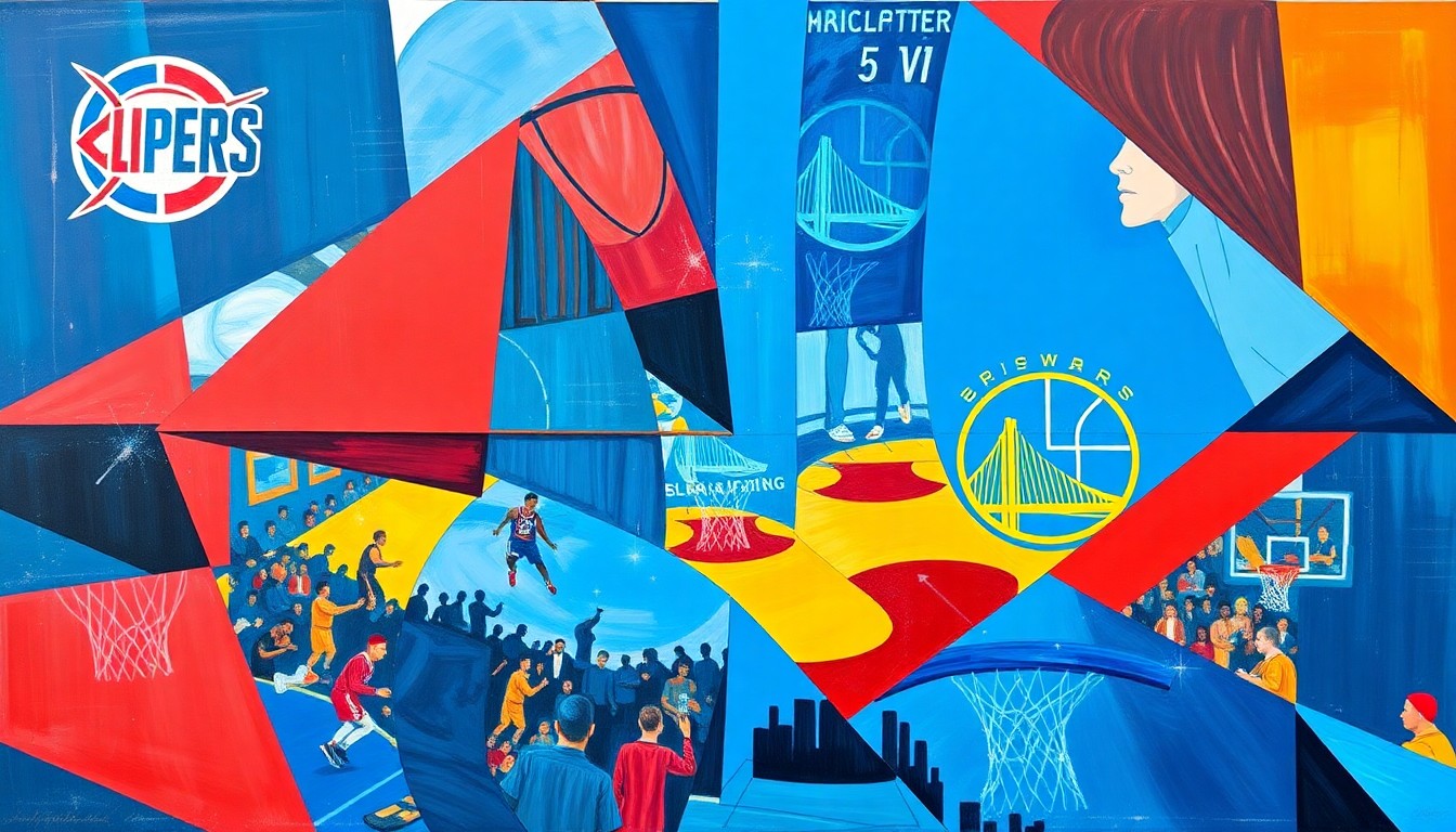 A cubist, geometric painting depicting a basketball game between the Los Angeles Clippers and Golden State Warriors, with the players and court rendered in sharp, overlapping planes of vibrant blue, red, gold, and navy colors.