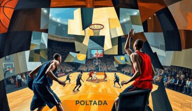 A cubist, geometric painting depicting a fragmented basketball game, with players