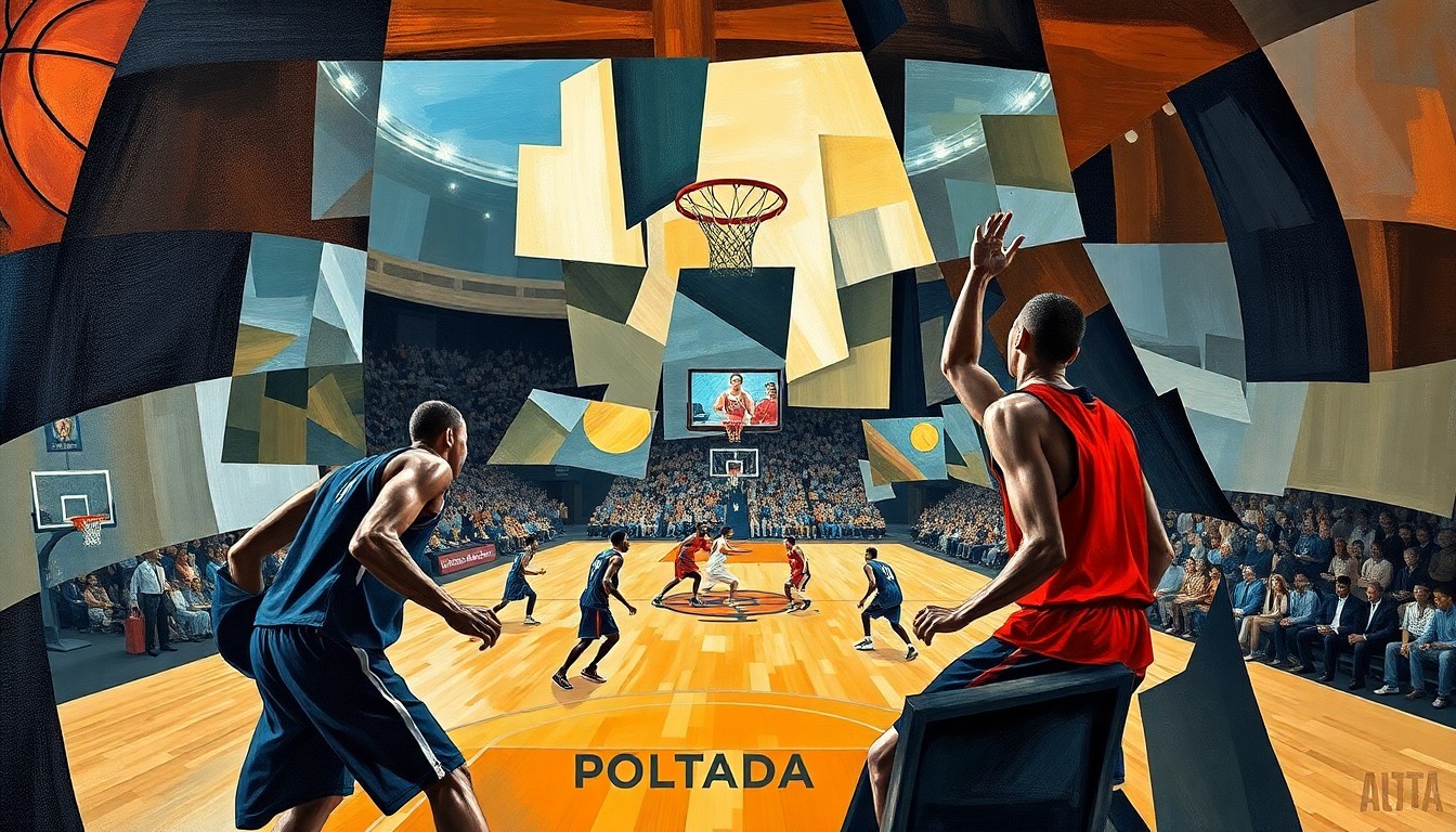 A cubist, geometric painting depicting a fragmented basketball game, with players