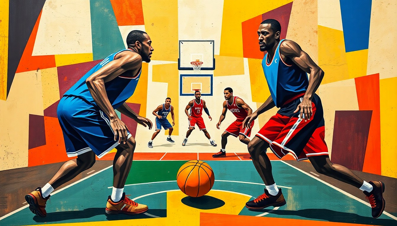 A cubist, geometric painting depicting a basketball game in progress, with the players
