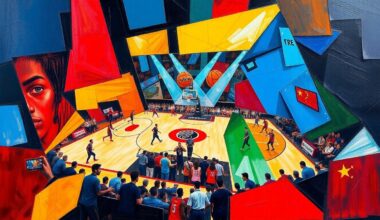 A cubist, geometric painting depicting fragmented basketball players and draft prospects in a collage of overlapping shapes and bright colors, representing the complex tensions between international talent scouting and league regulations.