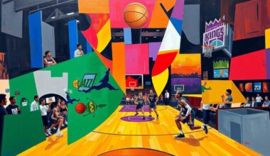 A cubist-style painting depicting a basketball game broken down into sharp, overlapping geometric shapes in the colors of the Utah Jazz and Sacramento Kings uniforms, conveying the high-stakes drama of the upcoming draft lottery coin flip.