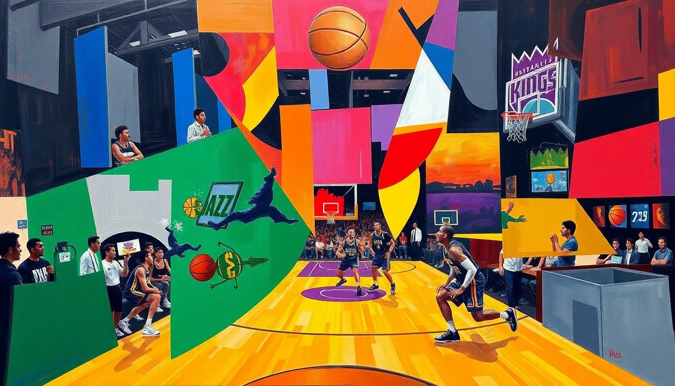 A cubist-style painting depicting a basketball game broken down into sharp, overlapping geometric shapes in the colors of the Utah Jazz and Sacramento Kings uniforms, conveying the high-stakes drama of the upcoming draft lottery coin flip.