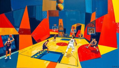 A cubist-style painting depicting a basketball game broken down into sharp, overlapping geometric shapes in a vibrant color palette, conveying the intensity and drama of the final day of the NBA regular season.