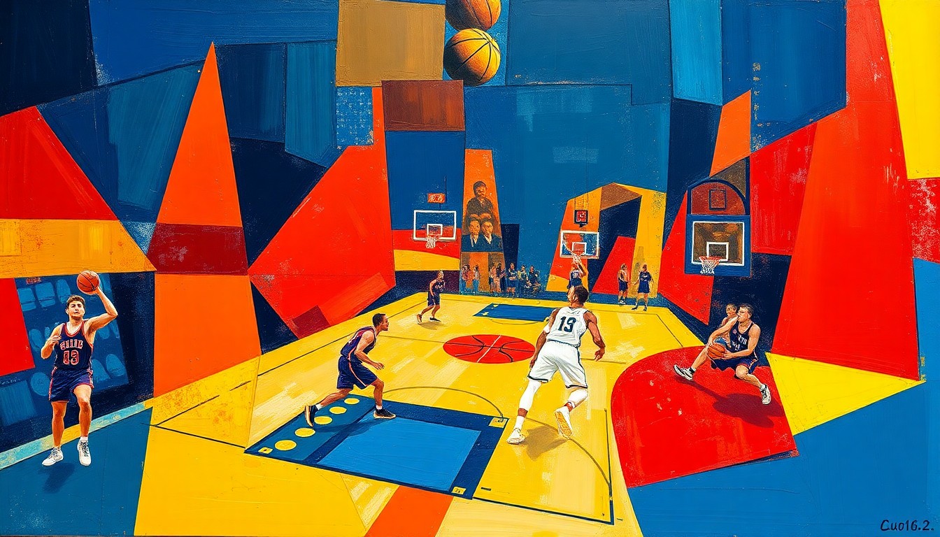 A cubist-style painting depicting a basketball game broken down into sharp, overlapping geometric shapes in a vibrant color palette, conveying the intensity and drama of the final day of the NBA regular season.