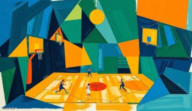 A fragmented, geometric painting depicting a basketball game in progress, with overlapping planes of navy, green, and orange conveying the chaotic energy and lack of cohesion that plagued the Orlando Magic in their disappointing regular season finale.