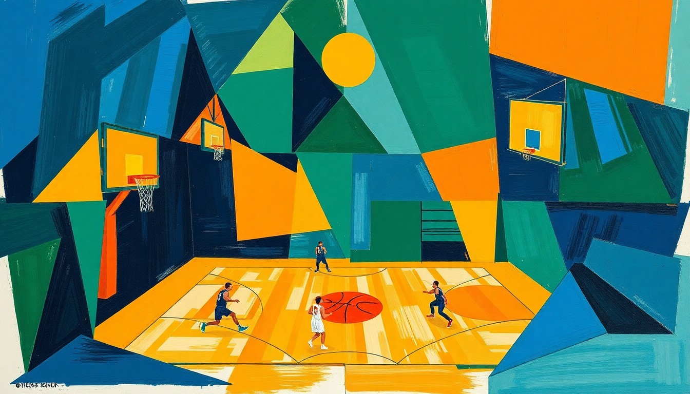 A fragmented, geometric painting depicting a basketball game in progress, with overlapping planes of navy, green, and orange conveying the chaotic energy and lack of cohesion that plagued the Orlando Magic in their disappointing regular season finale.