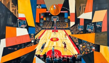 A cubist, geometric painting depicting a basketball game, with overlapping shapes and planes representing the players, the court, and the action on the floor. The image captures the energy and intensity of the game without any specific identifiable elements.