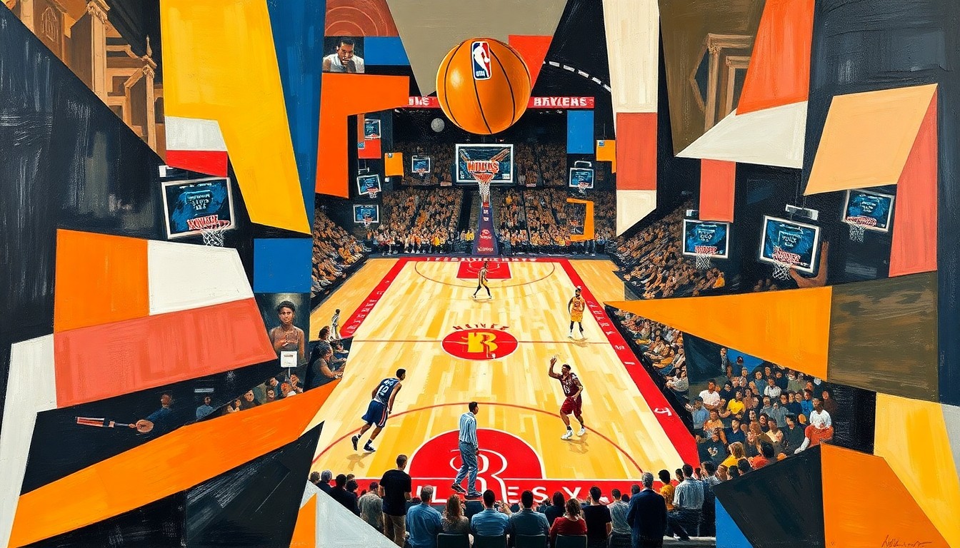 A cubist, geometric painting depicting a basketball game, with overlapping shapes and planes representing the players, the court, and the action on the floor. The image captures the energy and intensity of the game without any specific identifiable elements.