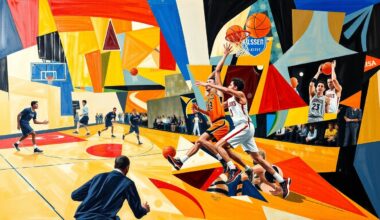 A cubist-style painting depicting the fragmented, multi-dimensional nature of a college basketball game, with players