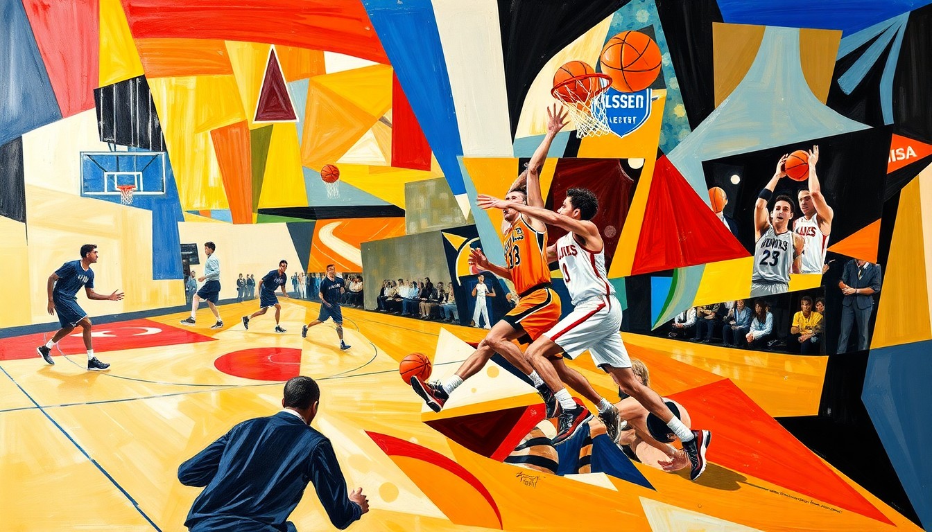 A cubist-style painting depicting the fragmented, multi-dimensional nature of a college basketball game, with players