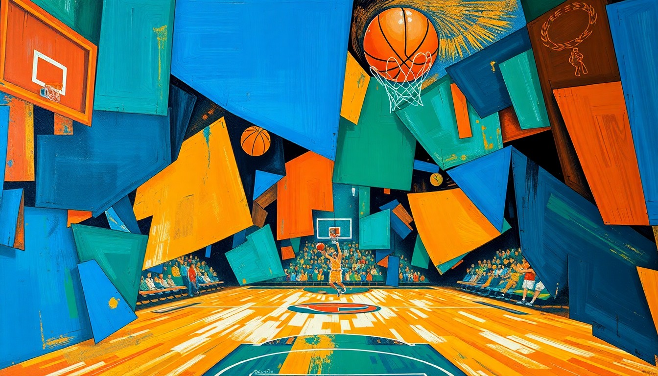A fractured, multi-perspective painting in a cubist style, breaking down a basketball game into sharp, overlapping geometric planes of vibrant blue, orange, and green shapes, conceptually representing the Pacers