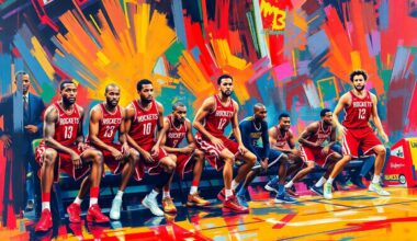 An abstract, energetic painting in neon colors depicting the dynamic movements and energy of a basketball game, with players