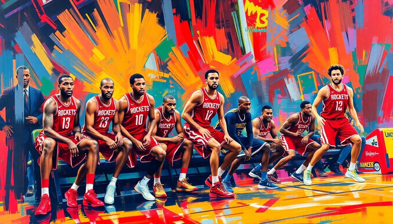 An abstract, energetic painting in neon colors depicting the dynamic movements and energy of a basketball game, with players