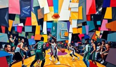 A cubist, geometric painting depicting a basketball game, with sharp, overlapping planes of color representing the players and action on the court.