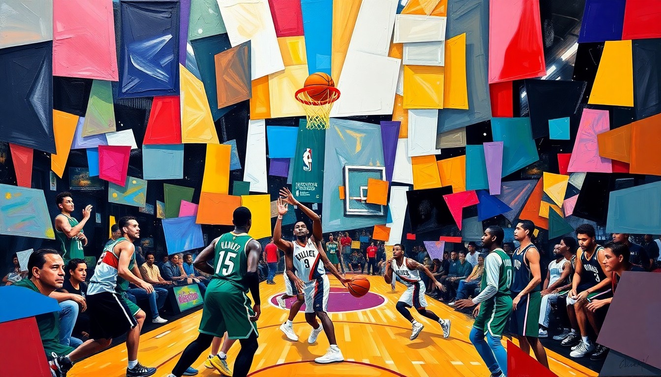 A cubist, geometric painting depicting a basketball game, with sharp, overlapping planes of color representing the players and action on the court.