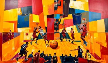 A fragmented, cubist-style painting depicting a basketball game between the Cleveland Cavaliers and Toronto Raptors, with the players and court broken down into sharp, overlapping geometric shapes in the teams