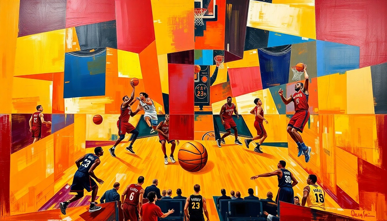 A fragmented, cubist-style painting depicting a basketball game between the Cleveland Cavaliers and Toronto Raptors, with the players and court broken down into sharp, overlapping geometric shapes in the teams