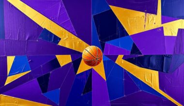 A cubist-style painting featuring sharp, overlapping geometric shapes in deep purple, navy blue, and metallic gold, conceptually representing the fragmented and chaotic nature of the Kings