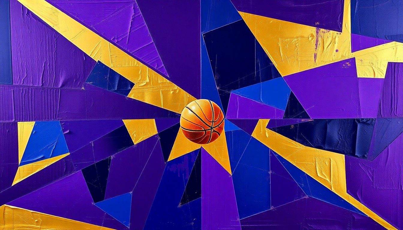 A cubist-style painting featuring sharp, overlapping geometric shapes in deep purple, navy blue, and metallic gold, conceptually representing the fragmented and chaotic nature of the Kings