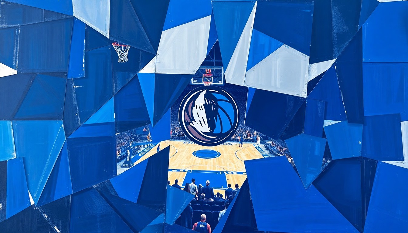 A fragmented, cubist-style painting depicting a Dallas Mavericks basketball game, with the players and court broken down into sharp, overlapping geometric shapes in shades of blue and silver, conveying the disappointment and uncertainty surrounding the team
