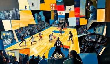 A cubist, geometric painting depicting the action and energy of a basketball game, with fragmented, overlapping planes of color and form representing the players