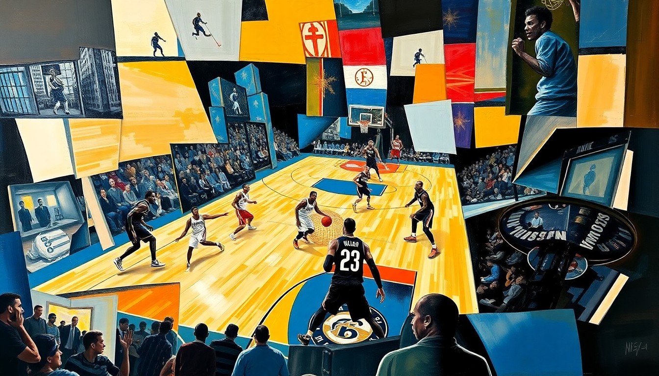 A cubist, geometric painting depicting the action and energy of a basketball game, with fragmented, overlapping planes of color and form representing the players