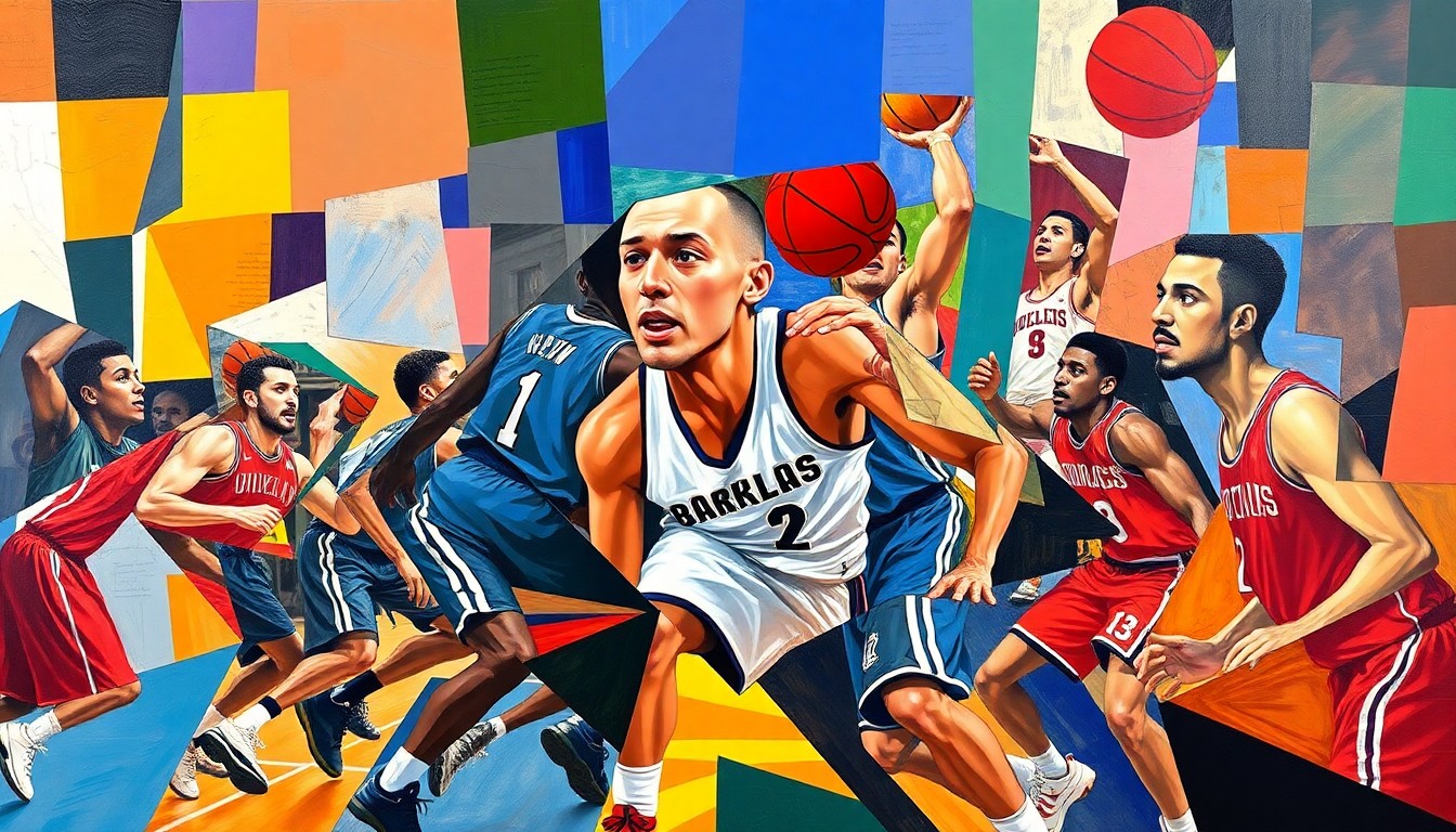 A cubist, geometric painting depicting a basketball game, with the players and court broken down into sharp, overlapping shapes in vibrant colors representing the team uniforms.