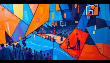 A cubist, geometric painting depicting fragmented basketball players and draft lottery imagery, using bold, clashing colors to convey the high-stakes energy of the upcoming draft.